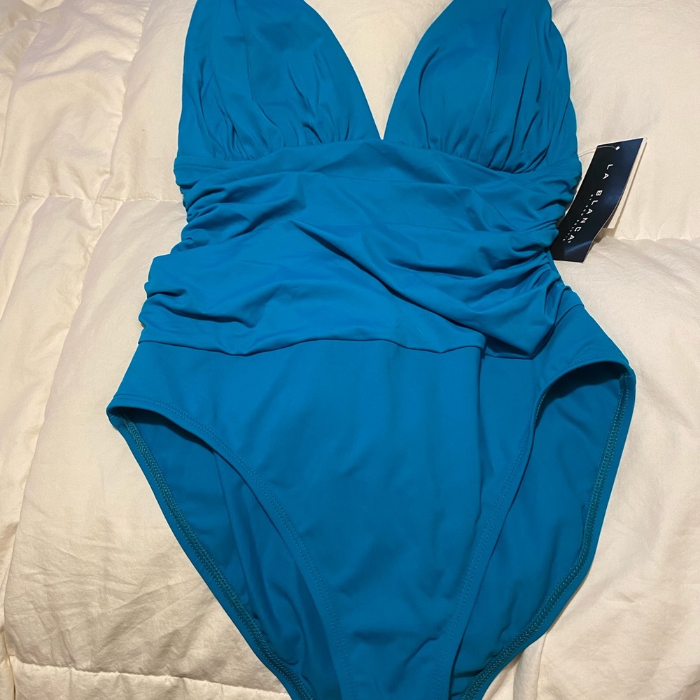 La Blanca Turquoise Blue Halter V Neckline One Piece Swimsuit